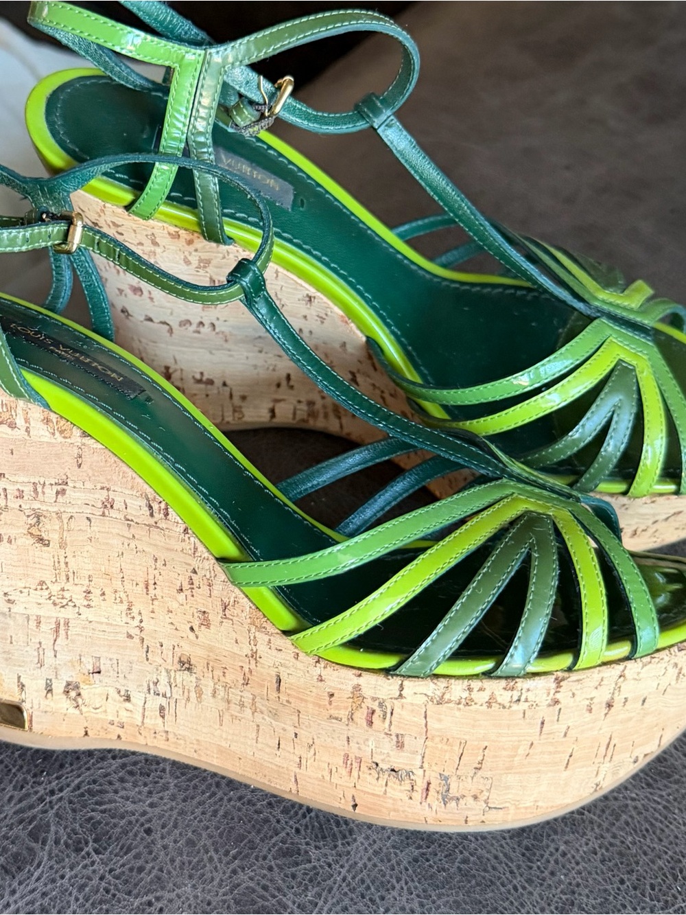 Louis Vuitton Green and Lime Strappy Cork Wedge Sandals